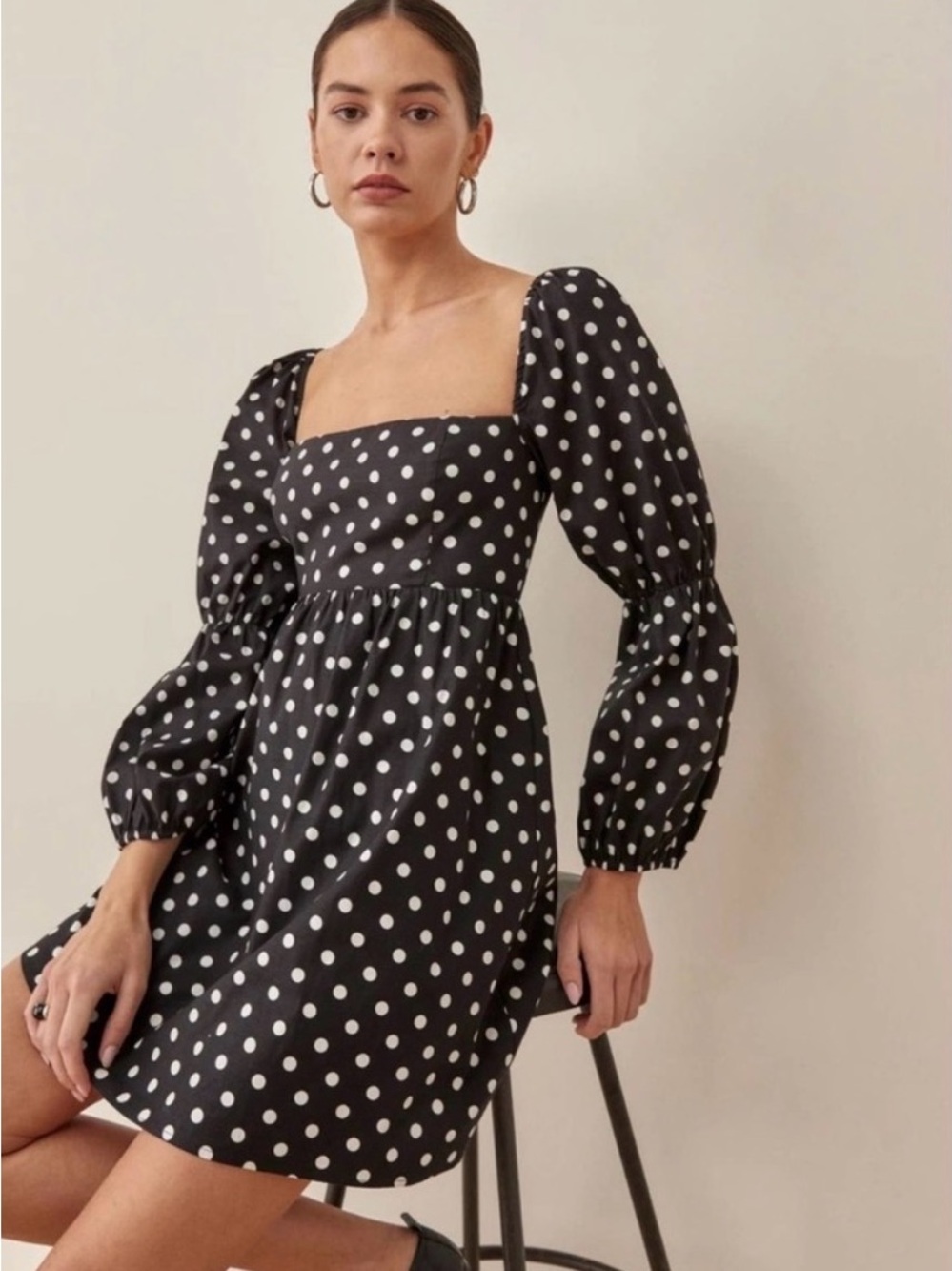 Reformation Black and White Polka Dot Puff-Sleeve Square Neck Dress